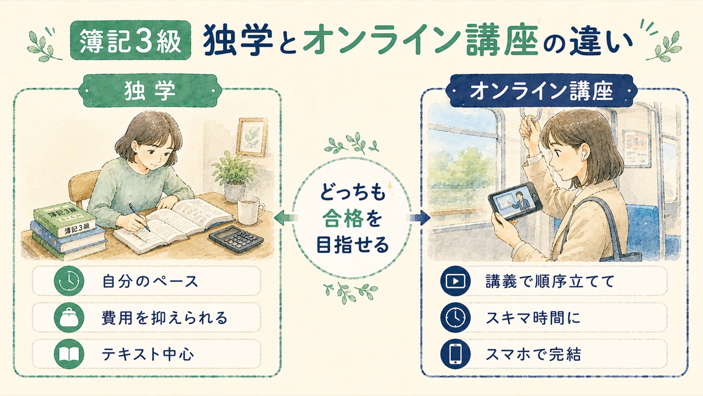 簿記3級の独学とオンライン講座の違い:独学は自分のペース・費用を抑えられる、講座は講義で順序立てて・スキマ時間にスマホで完結