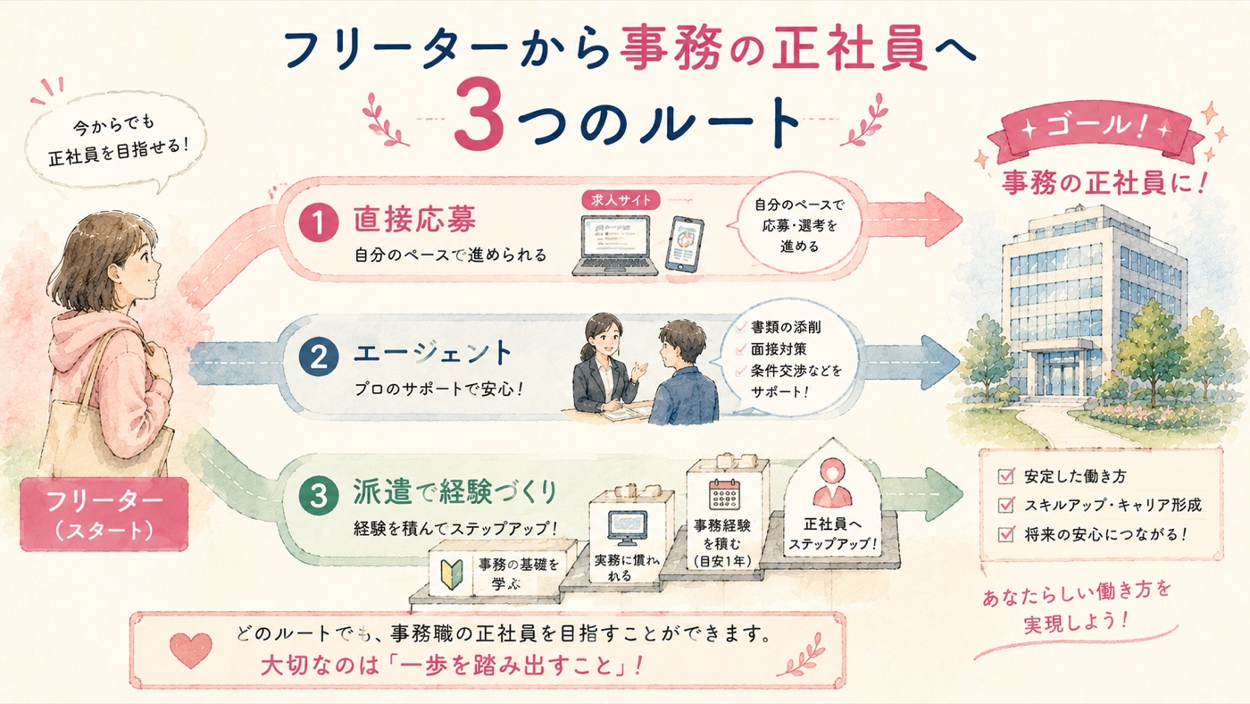 フリーターから事務の正社員への3つのルート図解:直接応募・エージェント・派遣で経験づくり