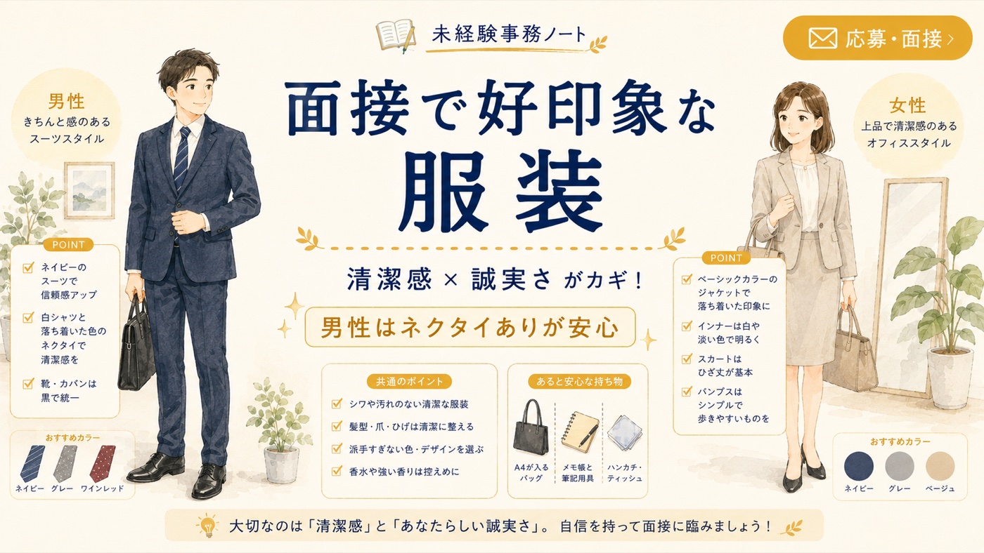 面接で好印象な服装のポイント図解|男性はスーツスタイル・女性はオフィススタイルの要点と、あると安心な持ち物