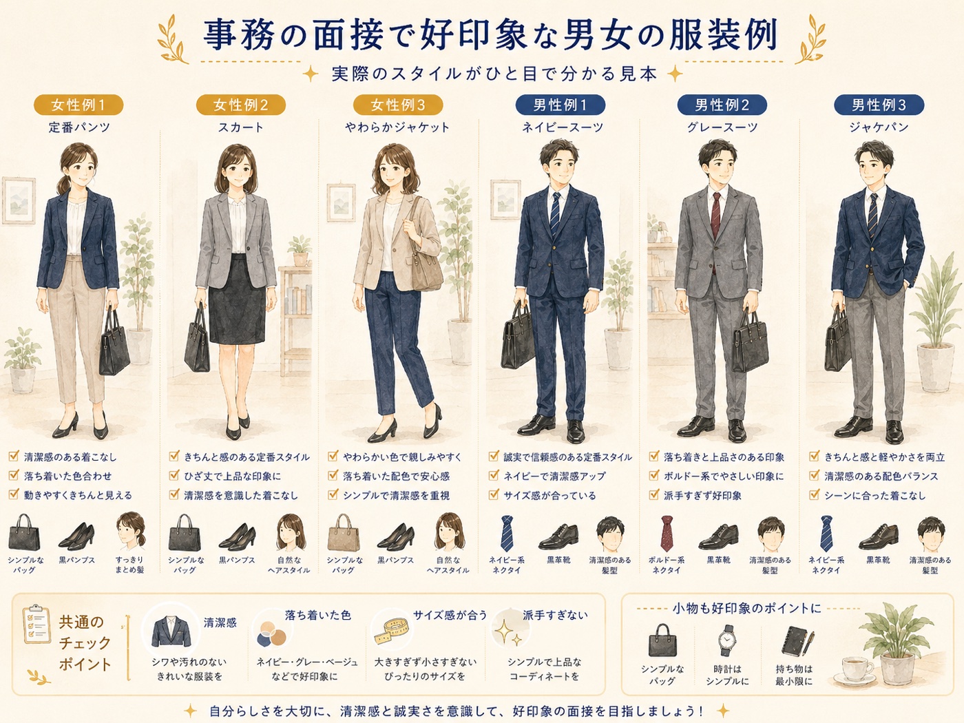 事務の面接で好印象な男女の服装例|女性はパンツ・スカート・やわらかジャケット、男性はネイビースーツ・グレースーツ・ジャケパンの6パターン