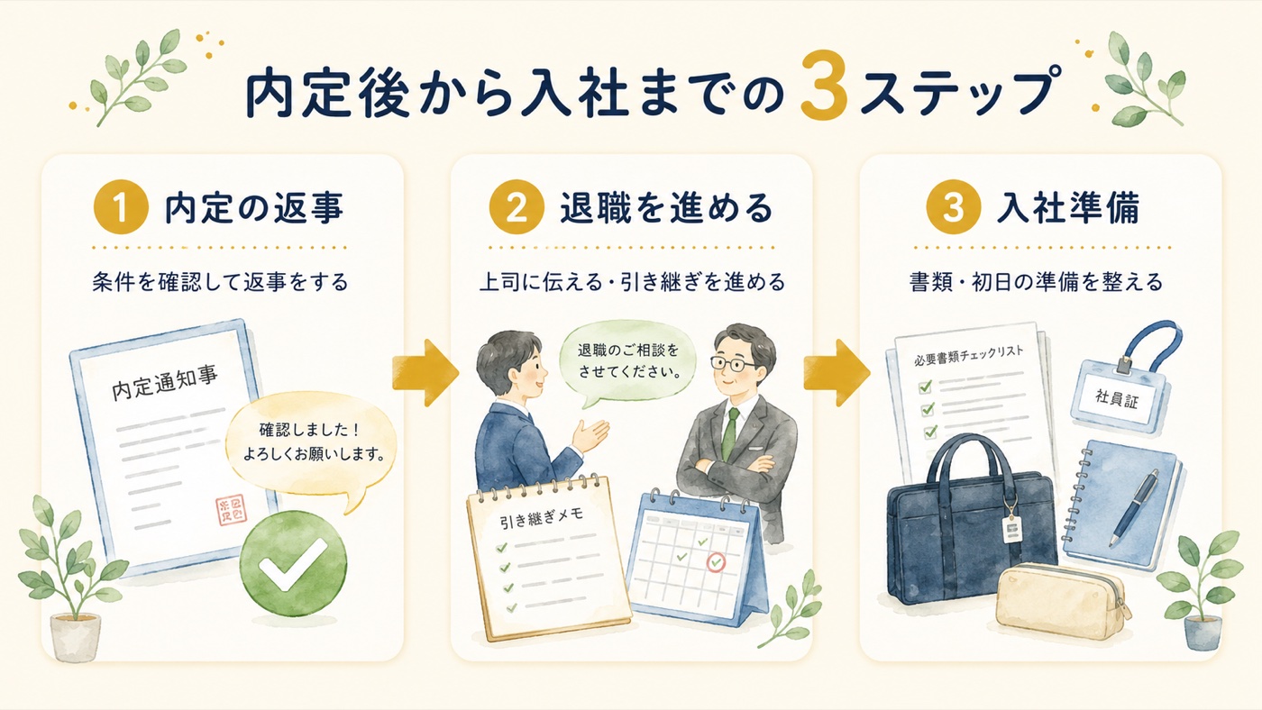 内定後から入社までの3ステップ図解｜①内定の返事(条件を確認して返事をする) ②退職を進める(上司に伝える・引き継ぎ) ③入社準備(書類・初日の準備を整える)
