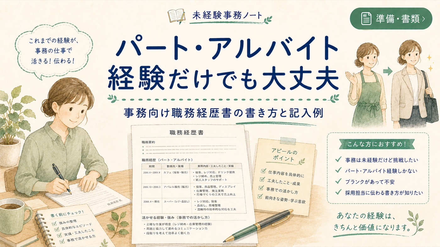 パート・アルバイト経験だけでも大丈夫|事務向け職務経歴書の書き方と記入例