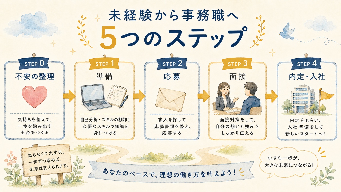 未経験から事務職への5つのステップ:不安の整理→準備→応募→面接→内定・入社